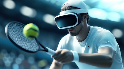 Athletic player in virtual reality gear engaging in a simulated tennis game, showcasing advanced technology in sports and immersive gaming experiences in a futuristic environment