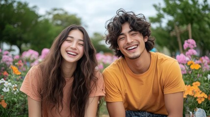 Fototapeta premium A young couple enjoying a picnic in a blooming garden, sharing laughter