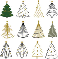 Collection of Modern Minimalist Christmas Tree Vectors - Stylish Festive Holiday Icons in Line Art