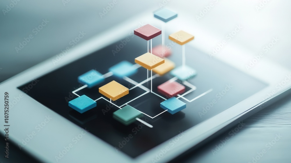 Poster Digital Network Flowchart on Tablet Screen Representing Modern Data Management and Analysis in Business Environment with Soft Focus and Minimalistic Design