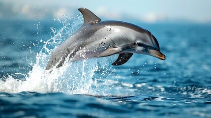 A dolphin leaping gracefully through the air set against a white background.