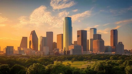 Fototapeta premium A panoramic view of a city skyline during golden hour, with skyscrapers reflecting the warm light, showcasing the beauty of urban living.
