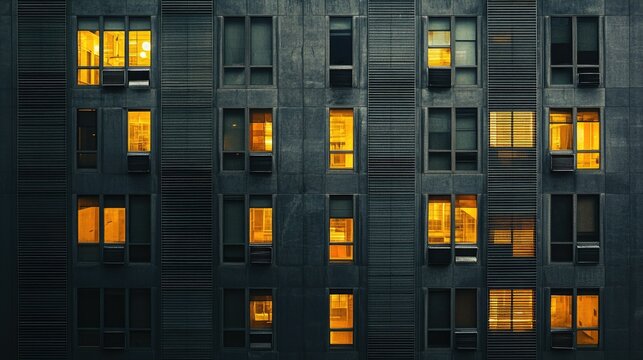 High-rise building exterior with aluminum louver windows, providing ventilation and energy efficiency.