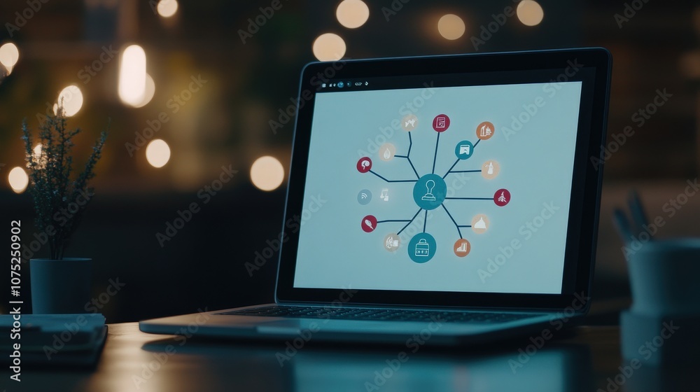 Poster Modern Laptop Displaying Network Connection with Icons Representing Technology, Communication, and Business Ideas in a Cozy, Softly Lit Workspace