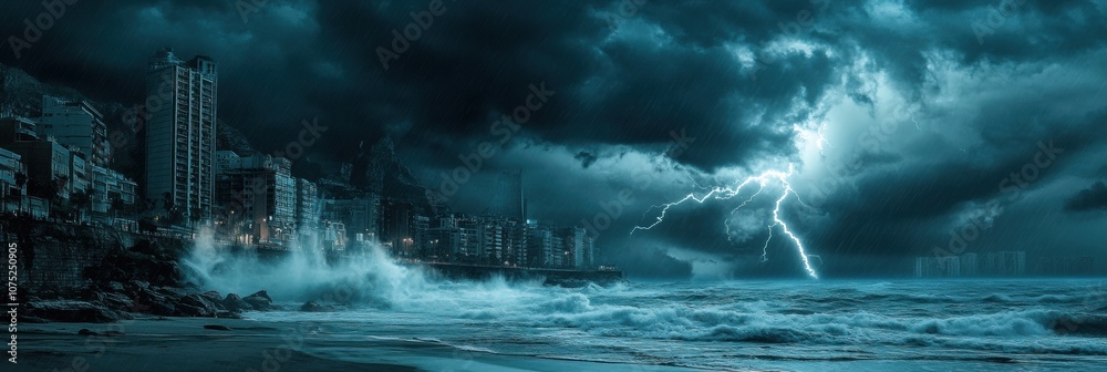 Poster dark storm clouds loom over the coastal city, unleashing powerful waves and flashes of lightning dur