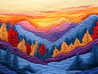 a beautifully stitched quilt that features a vibrant and colorful landscape scene, including a sunset and mountains.