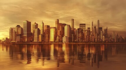 Fototapeta premium A panoramic view of a city skyline during golden hour, with skyscrapers reflecting the warm light, showcasing the beauty of urban living.