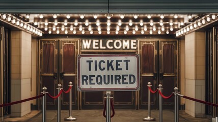 A grand entrance with bright lights and a ticket-required sign inviting guests in.