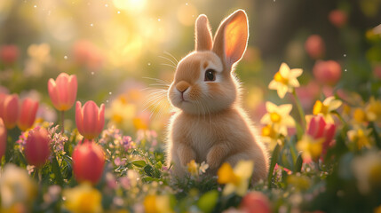 A fluffy Easter bunny sitting amidst vibrant tulips in a garden