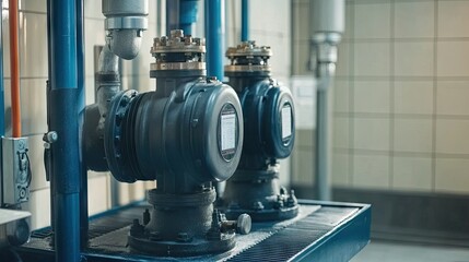 Industrial-grade water pump in a building air conditioning room, robust pipes and fittings.