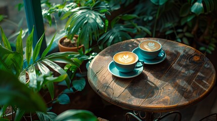 A cozy coffee shop scene with two cups of latte on an old wooden table surrounded by lush green plants, the rich texture and earthy tones creating a warm ambiance perfect for editorial photography