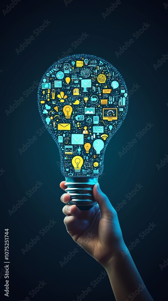 Aufkleber a hand holds a lightbulb filled with icons representing ideas and innovation.