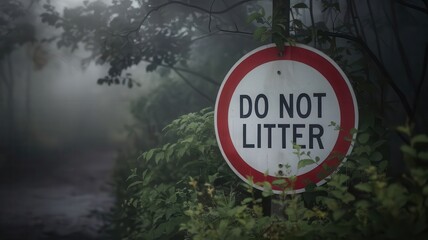 A clear message against littering in a serene, foggy natural setting.