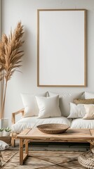 a large wooden frame mockup on the wall of an empty living room, simple and minimalistic interior design with white walls, sofa made out of light wood, soft cushions in beige tones, natural lighting