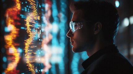 Biotech Entrepreneur Analyzing Genome Mapping in Futuristic Holographic Display