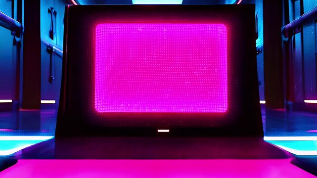 Laptop in an Empty Hallway with Neon Lights.