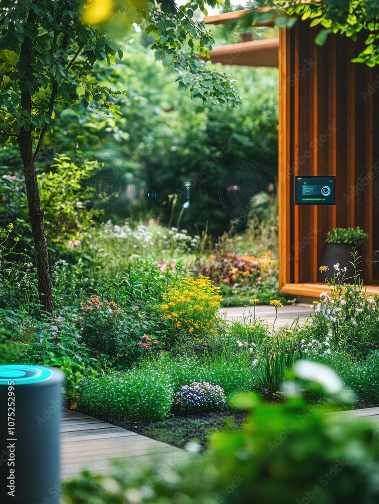 Poster a flourishing smart garden features automated sprinklers and soil sensors, creating an ideal environ