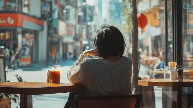 A person enjoying lunch at an outdoor cafe with city views, surrounded by bustling streets, representing the leisurely yet vibrant pace of urban living.