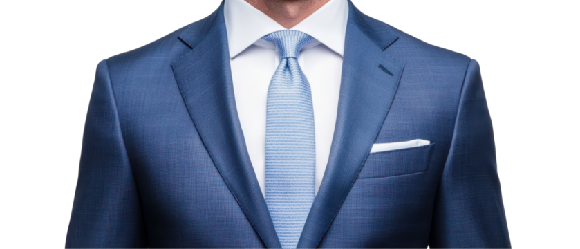 A man in a blue suit and white shirt is wearing a blue tie