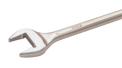 A silver plated wrench with a black handle