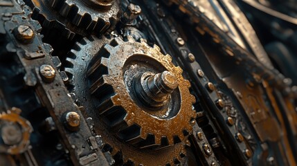 Mechanical engine gears meshing, close-up view showing the sturdy metallic build and oil sheen.