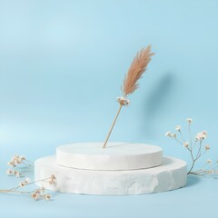 Stone podium composition and dry flower on blue background Copy space, front view