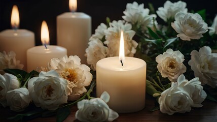 Burning candlelight and white roses. 