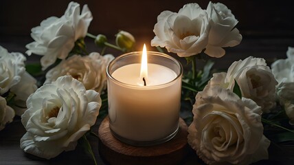 Burning candlelight and white roses. 