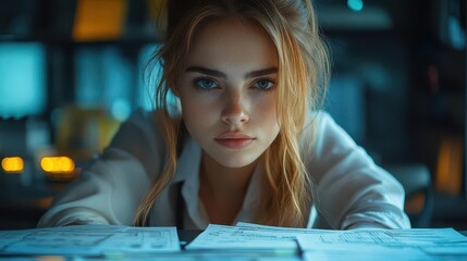 young female auditor focused on her work at a sleek office desk equipped with modern technology, surrounded by accounting documents and digital spreadsheets, embodying professionalism and diligence