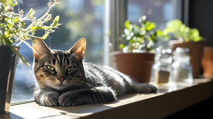 A cat resting on a windowsill in sunlight