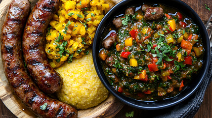 Chakalaka, a South African spicy vegetable relish, served with pap (maize meal) and grilled boerewors sausage, all arranged on a rustic wooden table