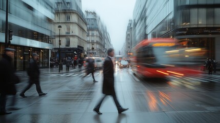 A moody Paris street in motion with blurred pedestrians and a red bus on a rainy day framed by classic architecture.