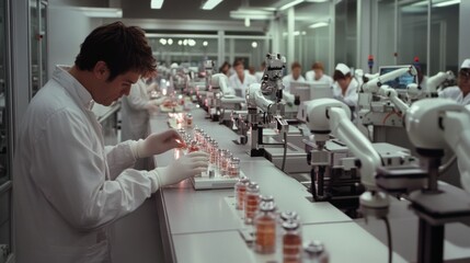 Obraz premium A high-tech laboratory brims with scientists in white coats working diligently alongside robotic arms, epitomizing cutting-edge research and innovation.