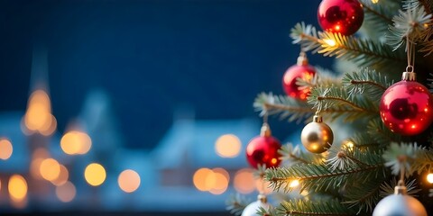 A Christmas tree with ornaments and lights against a blurred, dark blue background with bokeh effects.