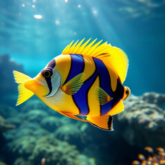 A dazzling angelfish with bold blue and yellow patterns, gliding gracefully through crystal-clear tropical waters, surrounded by sunlight filtering down