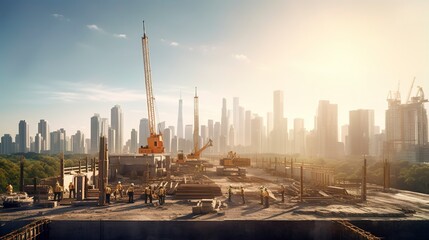 Fototapeta premium A photo of a construction site with a city skyline