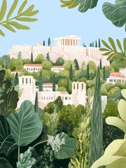 Illustration of the Acropolis in Athens with lush greenery, perfect for historical and cultural tourism promotions