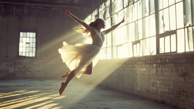 A ballerina leaps gracefully through beams of sunlight in a rustic space, merging elegance with a gritty urban backdrop. - Powered by Adobe