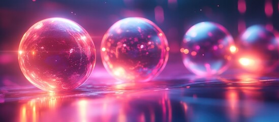 Three glowing orbs with pink, red and blue light.