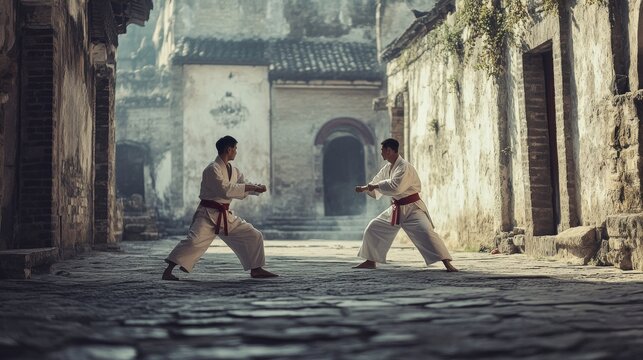 Two martial artists face off in an ancient stone courtyard, embodying discipline and tradition under the soft glow of diffused sunlight.