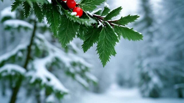 Sprig of mistletoe showing red berries in snowy forest