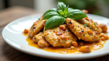Fototapeta premium Plated marinated chicken with sauce on a wooden tabletop.