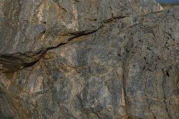 Textured surfaces of a large rock formation glistening in the sun beside a serene ocean backdrop.
