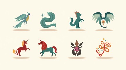 A Set of Icons Representing Mythical Creatures from Different Cultures
