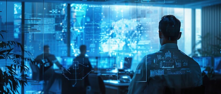 Team Discussing Compliance Policies on Digital Screen in Office Setting