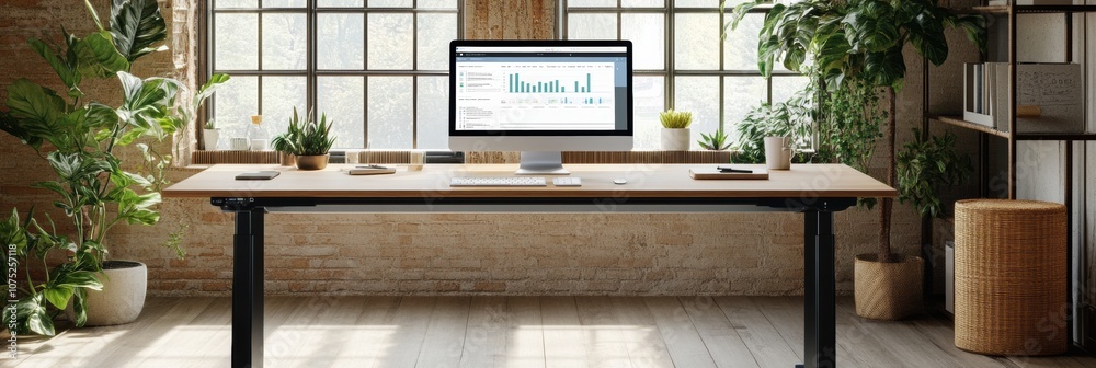 Poster A modern workspace features an adjustable desk surrounded by greenery, providing a productive environment with ample natural light. Generative AI