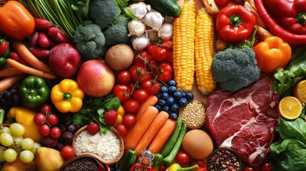 A vibrant assortment of fresh vegetables, fruits, and meats arranged in an appealing display, showcasing the variety of healthy food options.