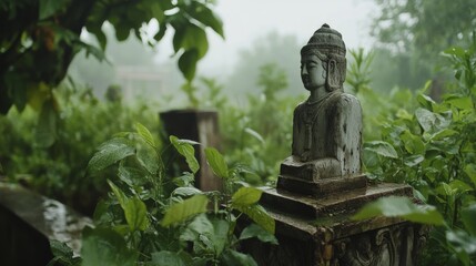 Stone Buddha statue nestled in lush, rain-kissed greenery, exuding serenity and timeless tranquility amidst nature's embrace.