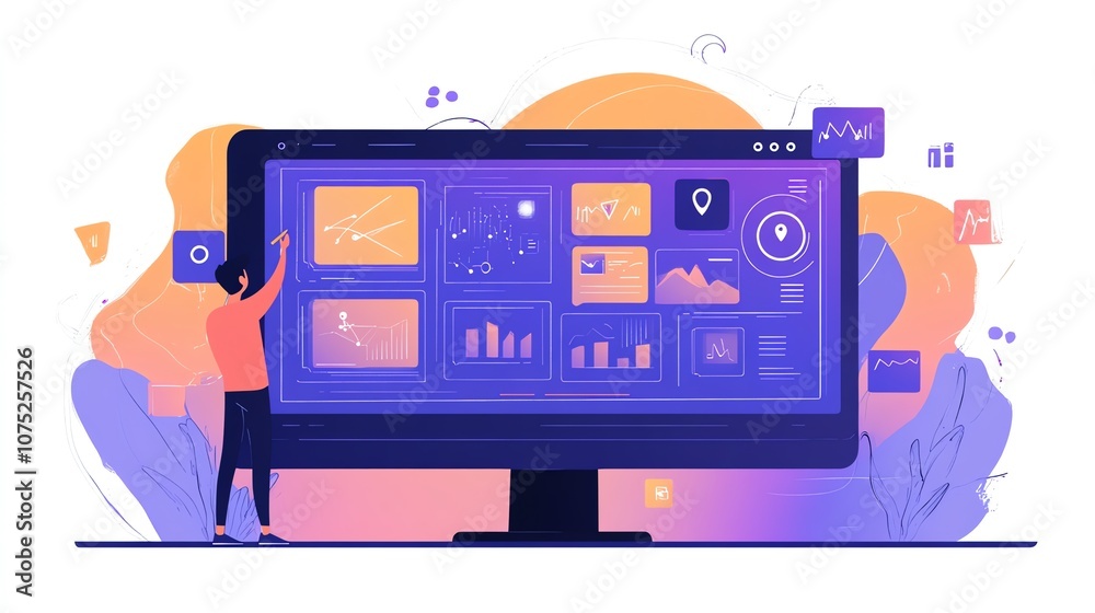 Poster A man interacts with a large computer monitor displaying a variety of data visualizations, including charts, graphs, and maps