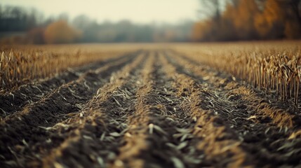 Rows of dried stalks stretch toward a dim horizon, embodying the quiet rest of a harvested field at dusk, whispering of the cycle of seasons.